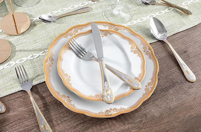 5 Piece Flatware Set - Service for 1-18/10 Stainless Steel Silverware - Vintage Design Handle with Gold Detailing - Dishwasher Safe - Durable Cutlery - First Apartment Essentials (Lucca)