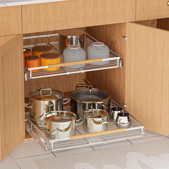 SANNO Expandable Pull Out Cabinet Organizer, Heavy Duty Under Sink Slide Out Cabinet Organizer, Pots Pans Kitchen Organizer Basket, Smooth Roll adjustable Sliding Drawer Expand to 12 to17.5, 2 Pack