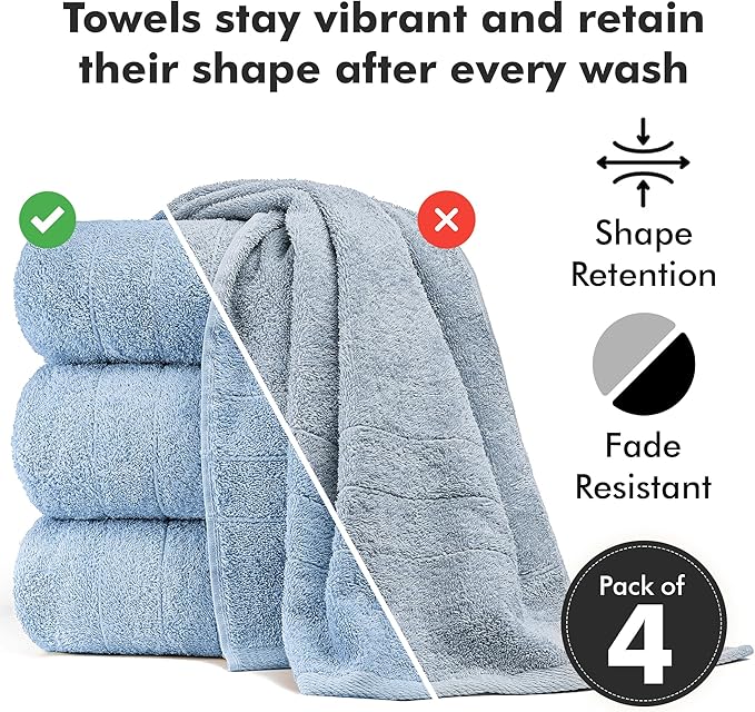 Bath Towels Set of 4 – 100% Cotton Sky Blue Extra Large Towels for Bathroom, Spa Use (55x28 in) – Super Soft and Quick Dry Large Bath Sheets for Adults