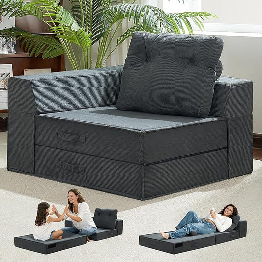Folding Sofa Bed, 4 in 1 Convertible Sleeper Chair with Pillow, Standard Memory Foam Fold Out Chair Bed, Modern Floor Futon Sofa Couch Mattress for Living Room/Guest/Apartment, Black Grey | Compression sofa bed, L shaped armrest, Sturdy backrest, Large...
