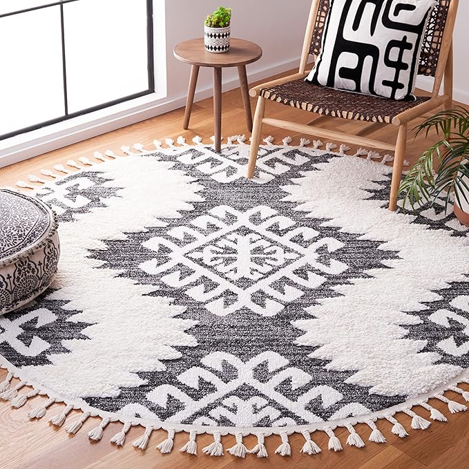 SAFAVIEH Moroccan Tassel Shag Collection Area Rug - 6'7" Round, Dark Grey & Ivory, Rustic Trellis, Non-Shedding & Easy Care, 2-inch Thick Ideal for High Traffic Areas in Living Room, Bedroom (MTS652H)