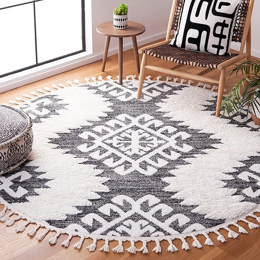 SAFAVIEH Moroccan Tassel Shag Collection Area Rug - 3' Round, Dark Grey & Ivory, Plush 2-inch Thick, Ideal for High Traffic Areas in Living Room, Bedroom, Dining Room (MTS652H-3R)