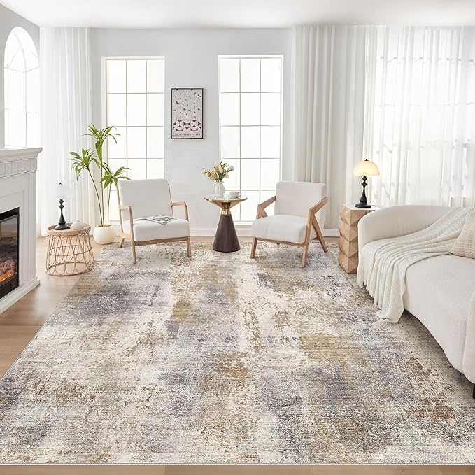 Area Rug Living Room Rugs - 9x12 Washable Large Soft Indoor Neutral Modern Abstract Low Pile Rug Carpet for Bedroom Dining Room Farmhouse Home Office - Brown Grey