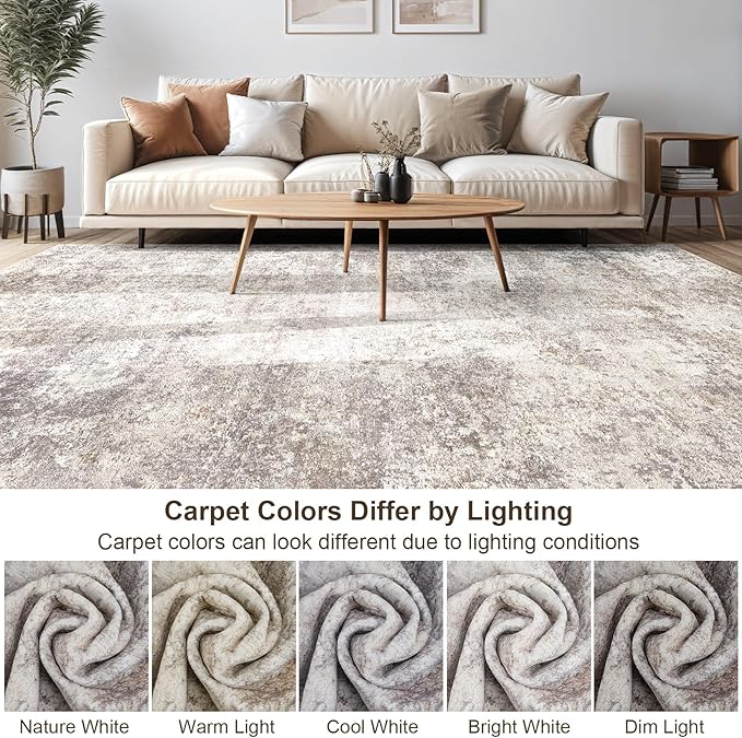 Area Rug Living Room Rugs - 10x14 Abstract Large Soft Indoor Washable Rug Neutral Modern Low Pile Carpet for Bedroom Dining Room Farmhouse Home Office - Brown
