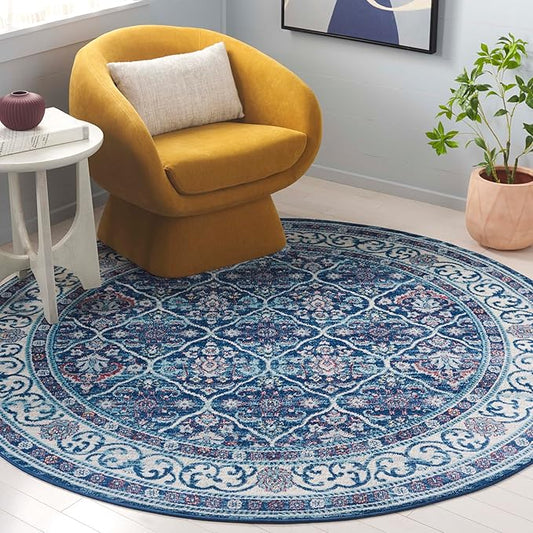 SAFAVIEH Brentwood Collection 6'7" Round Navy / Red BNT870N Oriental Damask Trellis Non-Shedding Dining Room Entryway Foyer Living Room Bedroom Area Rug