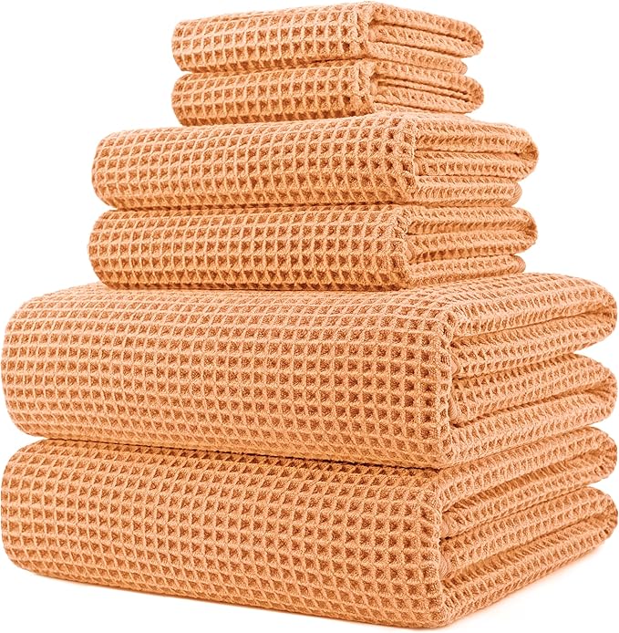 430 GSM Microfiber Quick Dry Lint Free Oversize Bath Towel Set, 6 Piece (Waffle Weave)