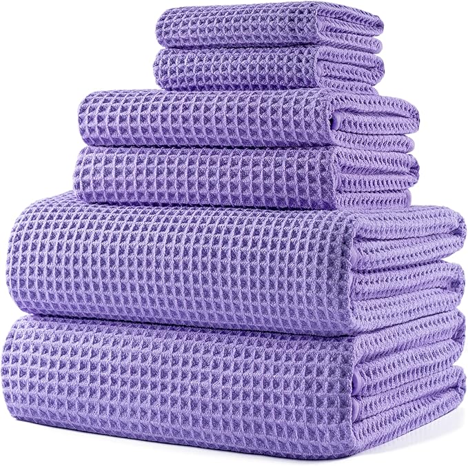 430 GSM Microfiber Quick Dry Lint Free Oversize Bath Towel Set, 6 Piece (Waffle Weave)