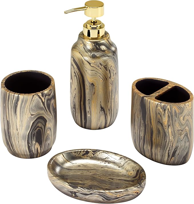Nicole Miller - Bathroom Set, 4pc Resin Countertop Accessories, Multipurpose Home Decor, Dorm Room Essentials (Harper Collection, Black/Gold)
