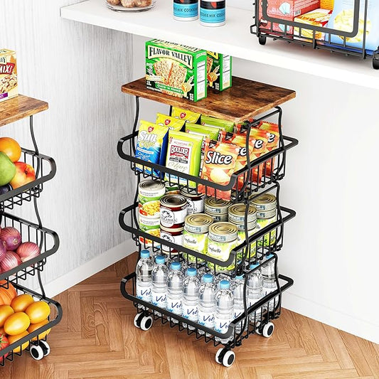 4 Tier Pantry Organizers and Storage Cart with Rolling Wheels, Stackable Metal Pantry Baskets for Pantry Shelves, Kitchen Fruit Basket Stand and Storage Rack for Snack Bottled Water Vegetable Bathroom