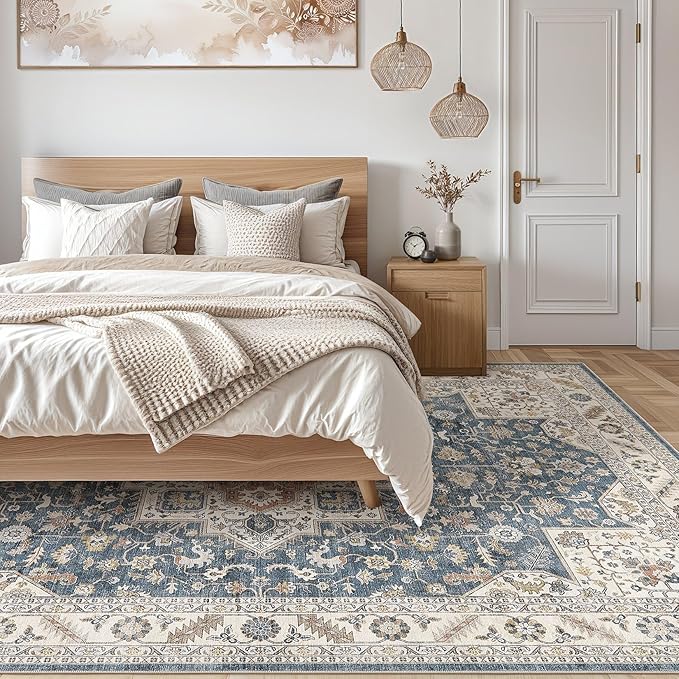 Vintage Living Room Area Rug 9x12 - Large Soft Washable Oriental Traditional Distressed Farmhouse Rugs for Bedroom - Indoor Floor Accent Carpet for Home Office House Decor - Vintage Blue