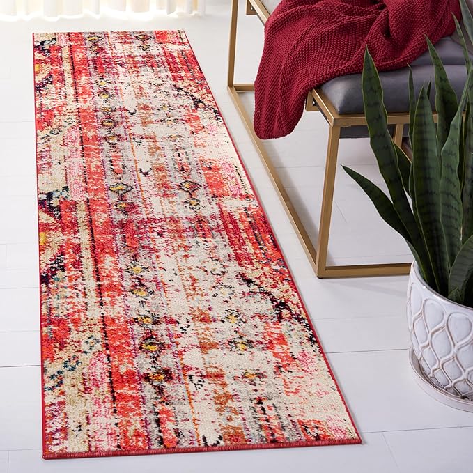 SAFAVIEH Monaco Collection Runner Rug - 2'2" x 12', Magenta & Multi, Boho Chic Tribal Distressed Design, Non-Shedding & Easy Care, Ideal for High Traffic Areas in Living Room, Bedroom (MNC222D)