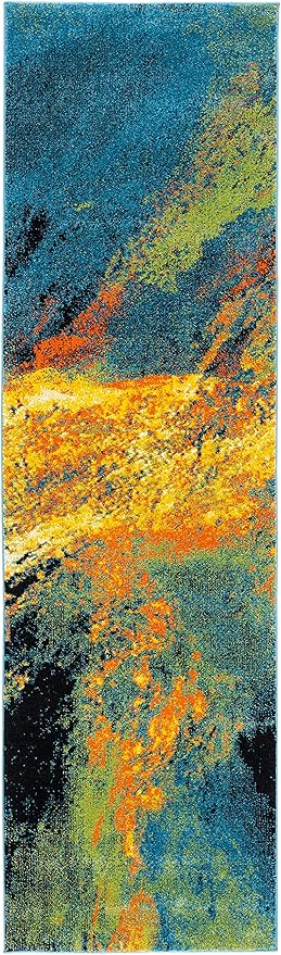 SAFAVIEH Galaxy Collection Runner Rug - 2'3" x 8', Blue & Yellow, Modern Abstract Design, Non-Shedding & Easy Care, Ideal for High Traffic Areas in Living Room, Bedroom (GAL117L)