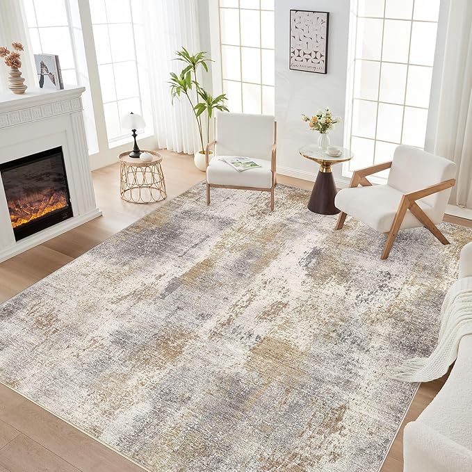 Area Rug Living Room Rugs - 10x14 Washable Large Soft Indoor Neutral Modern Abstract Low Pile Rug Carpet for Bedroom Dining Room Farmhouse Home Office - Brown Grey