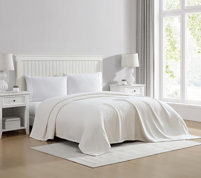 Beatrice Home Fashions Grand Hotel Lightweight All-Natural 100% Cotton Waffle Weave Blanket, Full/Queen, Ivory