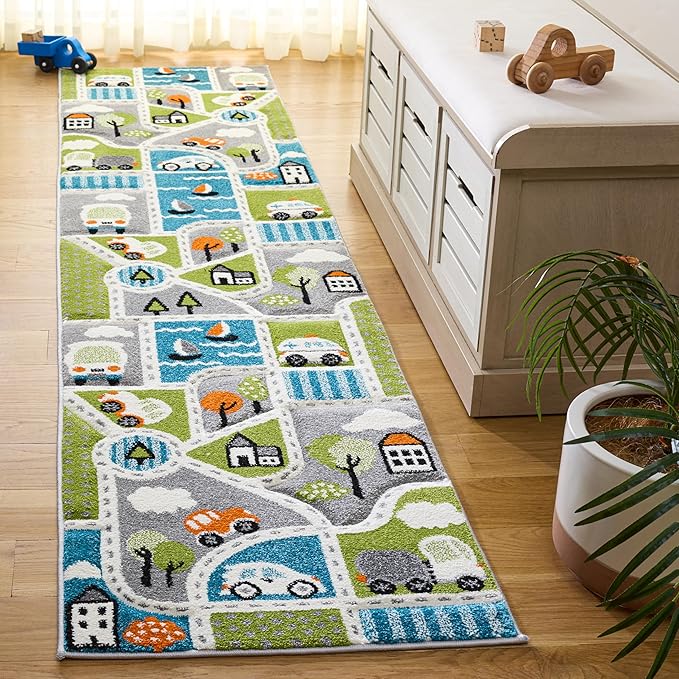 SAFAVIEH Carousel Kids Collection Runner Rug - 2'3" x 8', Green & Grey, Non-Shedding & Easy Care, Ideal for High Traffic Areas for Boys & Girls in Playroom, Nursery, Bedroom (CRK193Y)