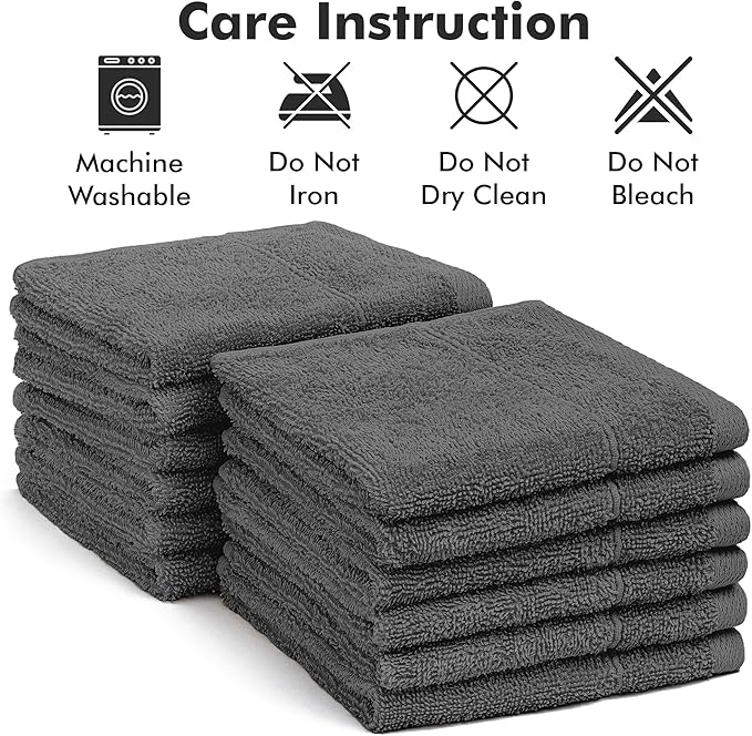 Face Towels Pack of 12 – 100% Cotton Wash Cloths (12x12 inch) – Soft, Quick Dry & Highly Absorbent Hand Towels for Bathroom, Spa, Gym, Kitchen and for Daily Use - (Dark Grey)