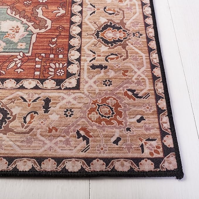 SAFAVIEH Washable Rug Tucson Collection - 3' x 5', Aqua & Rust, Slip Resistant & Easy to Clean, Ideal for Foyer, Entryway, Kitchen, Bedroom (TSN150J)