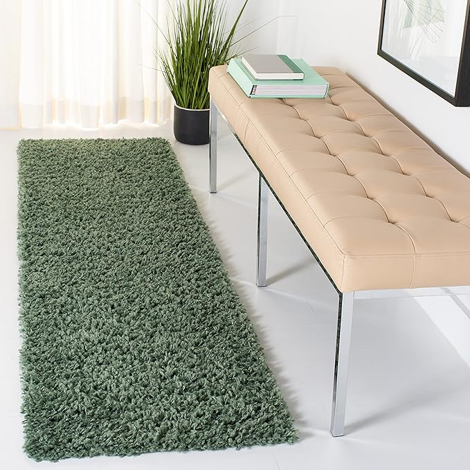 SAFAVIEH August Shag Collection Runner Rug - 2' x 11', Green, Solid Design, Non-Shedding & Easy Care, 1.5-inch Thick Ideal for High Traffic Areas in Living Room, Bedroom (AUG200Y)