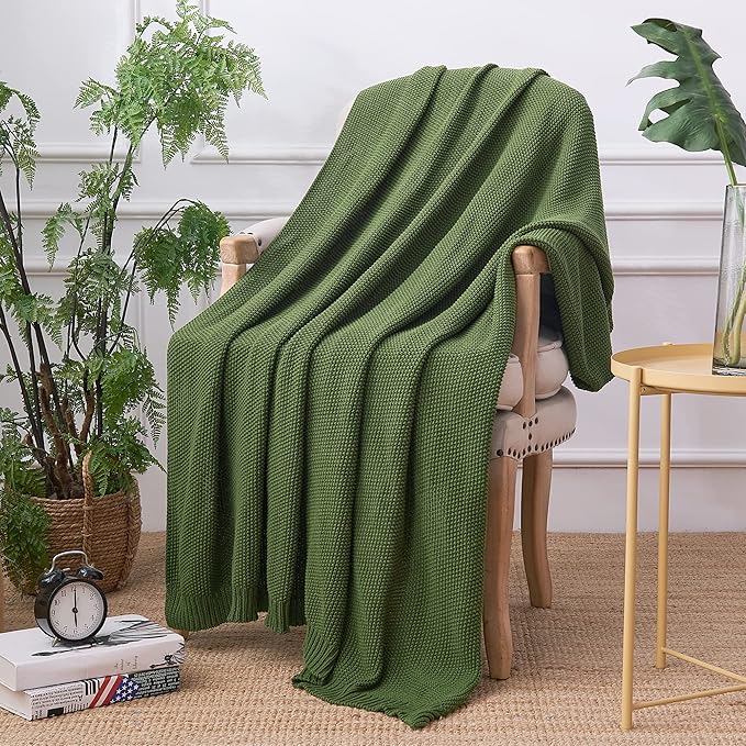 Longhui bedding Olive Green Cotton Cable Knit Throw Blanket for Couch Sofa Bed, Home Decorative Lightweight Knitted Blankets with Bonus Laundering Bag, 50“ x 60”, Machine Washable