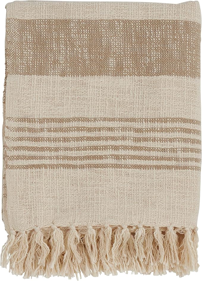 SARO LIFESTYLE Striped Cotton Throw Blanket with Tasseled Trim, Natural, 50"x60"