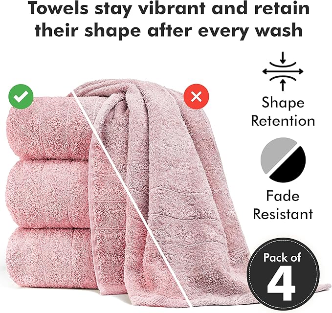 Bath Towels Set of 4 – 100% Cotton Baby Pink Extra Large Towels for Bathroom, Spa Use (55x28 in) – Super Soft and Quick Dry Large Bath Sheets for Adults