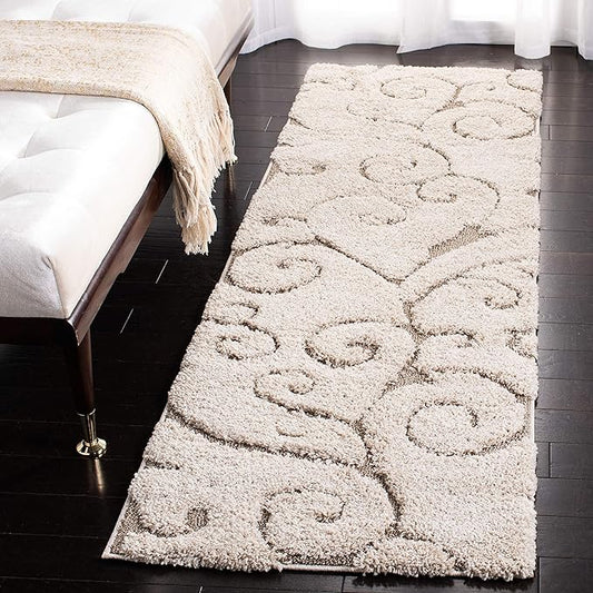 SAFAVIEH Florida Shag Collection Runner Rug - 2'3" x 13', Cream & Beige, Scroll Design, Non-Shedding & Easy to Clean, High-Low Plush Pile, Ideal for Bedroom, Foyer, Hallway (SG455-1113)