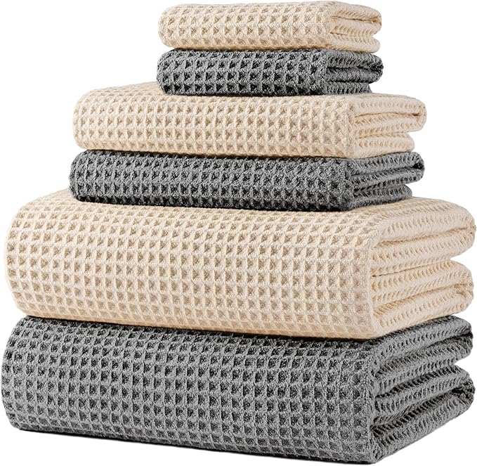 430 GSM Microfiber Quick Dry Lint Free Oversize Bath Towel Set, 6 Piece (Waffle Weave)