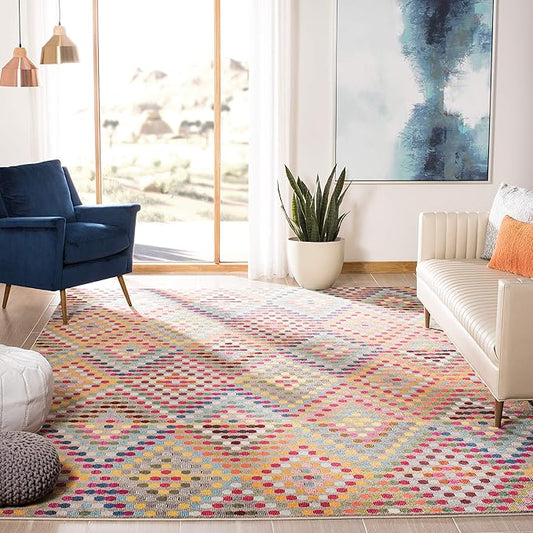 SAFAVIEH Monaco Collection Area Rug - 6'7" Square, Multi & Beige, Boho Diamond Design, Non-Shedding & Easy Care, Ideal for High Traffic Areas in Living Room, Bedroom (MNC204F)