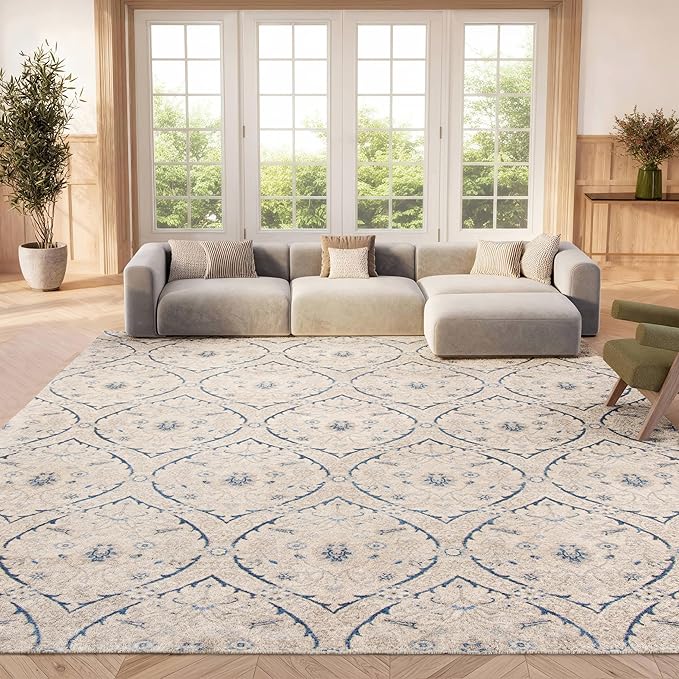 SAFAVIEH Area Rug 8x10 - Brentwood Collection - Large - Light Grey & Blue, Floral Damask Trellis Design, Non-Shedding & Easy Cleaning, Ideal for Living Room, Bedroom, Office, Dining Space BNT860G