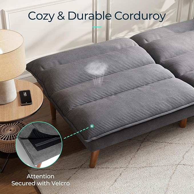 LINSY HOME Futon Sofa Bed - Convertible Corduroy Futon Couch Bed with Adjustable Backrest, Modern Small Loveseat Sleeper Sofa for Small Spaces, Living Room, Apartment or Office (Grey)