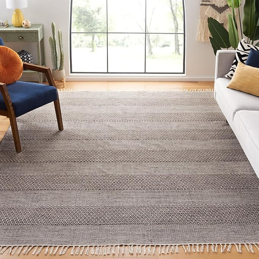 SAFAVIEH Montauk Collection X-Large Area Rug - 11' x 15', Ivory & Anthracite, Handmade Flat Weave Boho Farmhouse Cotton Tassel Fringe, Ideal for High Traffic Areas in Living Room, Bedroom (MTK330N)