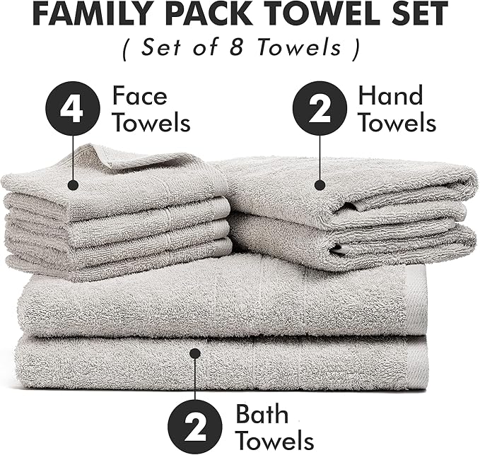 Bath Towels Set of 8 – 100% Cotton (Light Grey) Bathroom Towel Set Bale Includes 2 Bath, 2 Hand, 4 Face Towels – Soft, Absorbent & Quick Dry Towel for Bathroom, Spa, Kitchen, Hotel Use