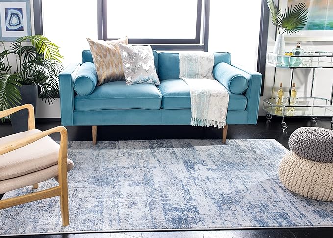 SAFAVIEH Area Rug 6x8 - Amelia Collection - Ivory & Blue, Modern Abstract Design, Non-Shedding & Easy Cleaning, Ideal for Living Room, Bedroom, Dining Space (ALA700A)