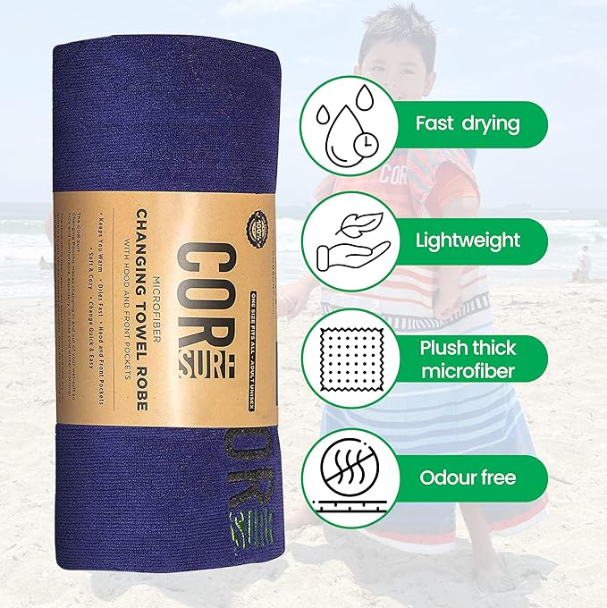 COR Surf Poncho Changing Towel Robe with Hood and Front Pocket for Kids, Doubles Up As Beach Towel and Blanket, Made of Quick Dry Microfiber, Fits Ages 3-8 Years Old (Dark Blue, one Size fits Most)