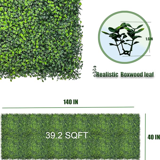 Artificial Boxwood Roll Panels,140"x 40"(39.2 SQFT) UV-Anti Faux Ivy Leaves Grass Wall for Patio Balcony Privacy, Garden, Backyard Greenery Wall Backdrop and Fence Decor