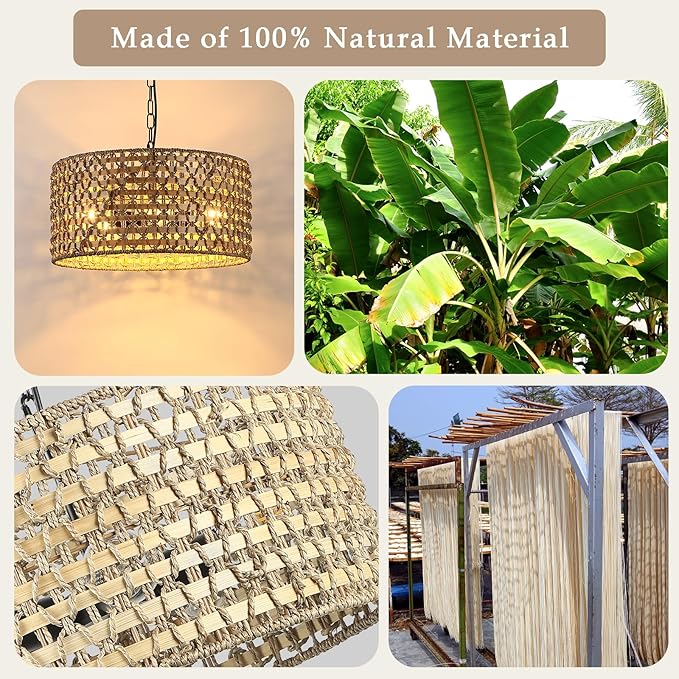 5-Light Boho Rattan Pendant Light, 18" Hand Woven Chandelier Wicker Coast Light Fixture Bohemian Hanging Ceiling Lights Natural Lighting for Dining Room Kitchen Island Living Room Bedroom