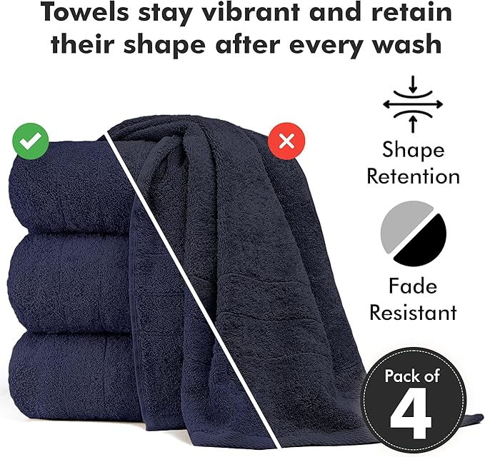 Bath Towels Set of 4 – 100% Cotton Navy Blue Extra Large Towels for Bathroom, Spa Use (55x28 in) – Super Soft and Quick Dry Large Bath Sheets for Adults