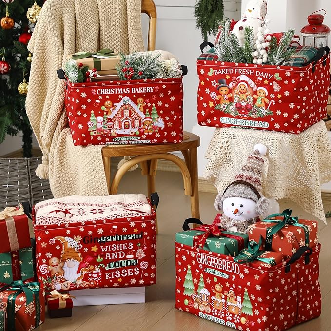 4 Pack Christmas Storage Bin Collapsible Large Christmas Gingerbread Man Storage Baskets for Gifts Canvas Laundry Basket Foldable Box with Handle for Office Home Bedroom Clothes Toys Decor