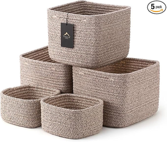 5-Pack Storage Cubes Woven Rope Baskets - 2 Sizes Organizer Bins for Closet, Shelf, Bookshelf, Nursery, Changing Table, Cube Storage Bins, Storage Baskets for Bathroom Toy & Home