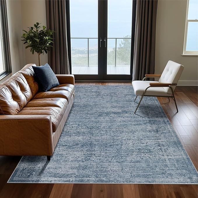 Area Rug Living Room Rugs - 6x9 Washable Large Soft Indoor Neutral Modern Abstract Low Pile Rug Carpet for Bedroom Dining Room Farmhouse Home Office - Dark Blue