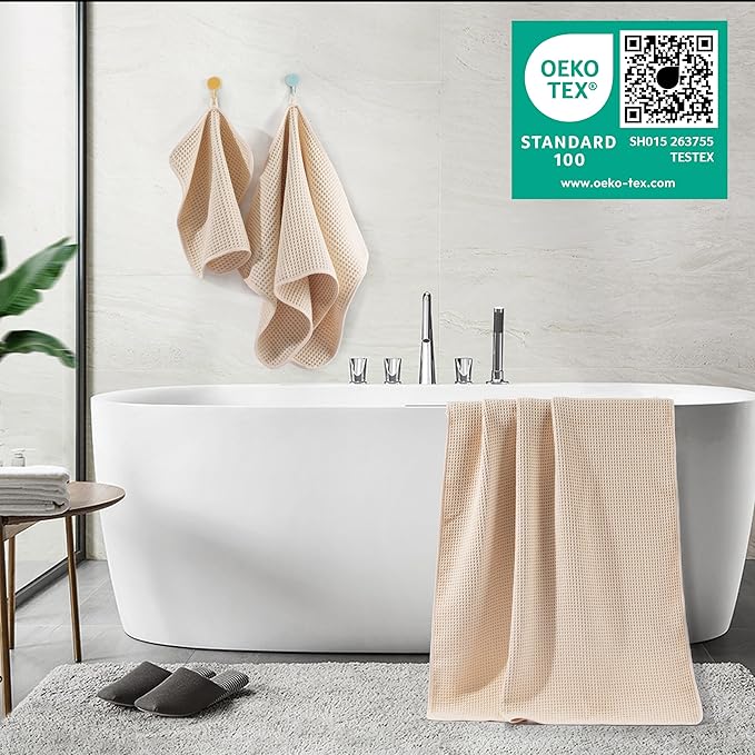 430 GSM Microfiber Quick Dry Lint Free Oversize Bath Towel Set, 6 Piece (Waffle Weave)
