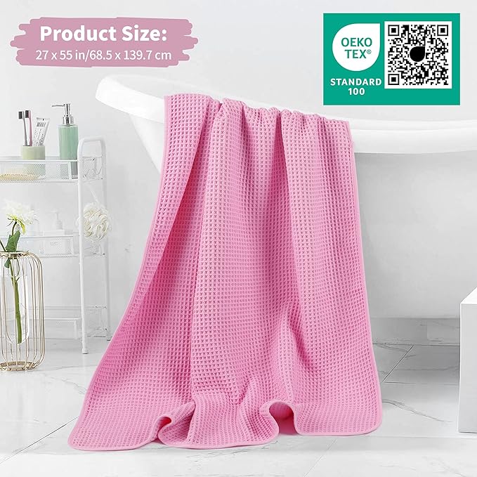 Microfiber Waffle Bath Towels, 4 Pieces, Soft, Absorbent, Fast Drying, Lint Free 430 GSM (Pink)