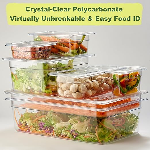 CURTA 6-Pack 1/6 Size 6" Deep NSF Polycarbonate Food Pans with Handled Lids & Drain Trays | Dishwasher & Freezer Safe Clear Container for Prep Tables, Buffet, Salad Bar, Commercial & Home Kitchen