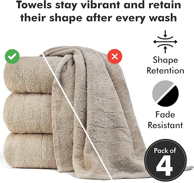 Bath Towels Set of 4 – 100% Cotton Beige Extra Large Towels for Bathroom, Spa Use (55x28 in) – Super Soft and Quick Dry Large Bath Sheets for Adults