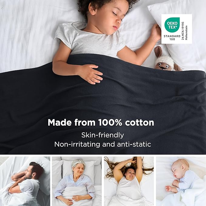 Bedsure GentleSoft 100% Cotton Blanket Twin XL Size for Bed - Breathable and Lightweight, Soft Cozy Textured Herringbone Woven Summer Blanket for College Dorm, Black, 66x90 inches