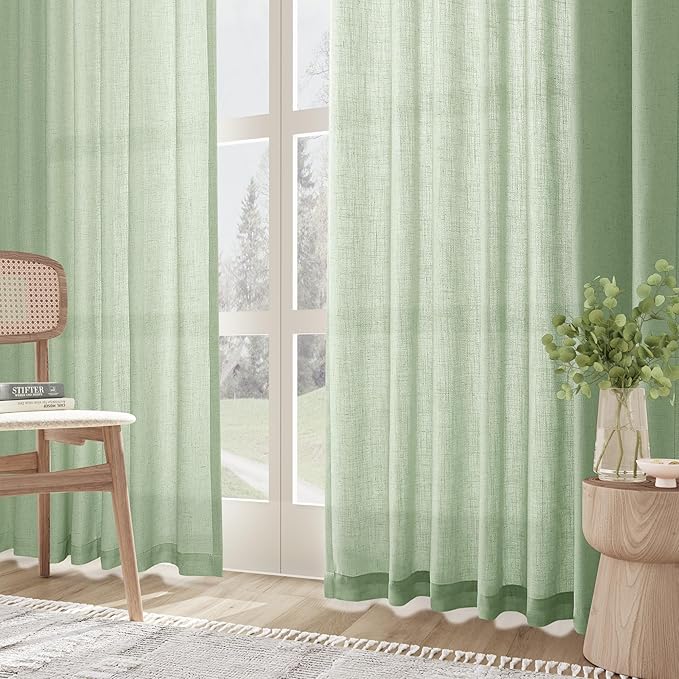 Joywell Mist Sage Back Tab Rod Pocket Linen Curtains 96 Inches Long 2 Panels for Living Room Bedroom Neutral Boho Farmhouse Rustic Light Filtering Semi Sheer Curtains Window Treatment 52x96