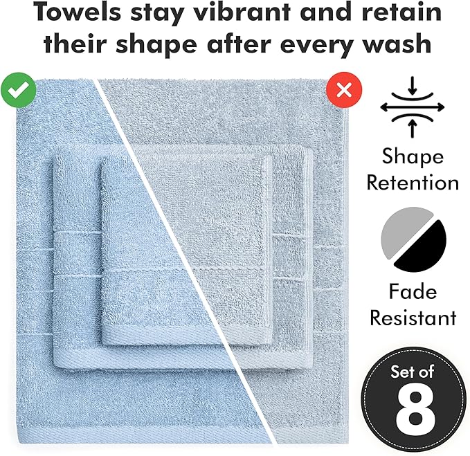 Bath Towels Set of 8 – 100% Cotton (Sky Blue) Bathroom Towel Set Bale Includes 2 Bath, 2 Hand, 4 Face Towels – Soft, Absorbent & Quick Dry Towel for Bathroom, Spa, Kitchen, Hotel Use