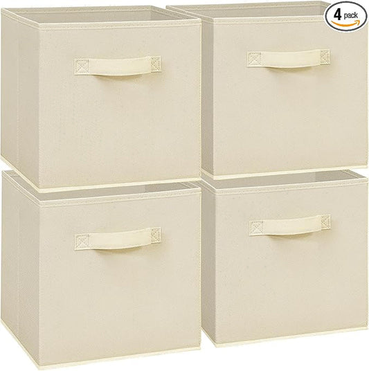 11x11 Storage Bins, Set of 4 Storage Cubes, Collapsible Cube Storage Box, Fabric Closet Organizers with Handles for Home, Office, Closet Shelf Cabinet, Bookcase, Beige