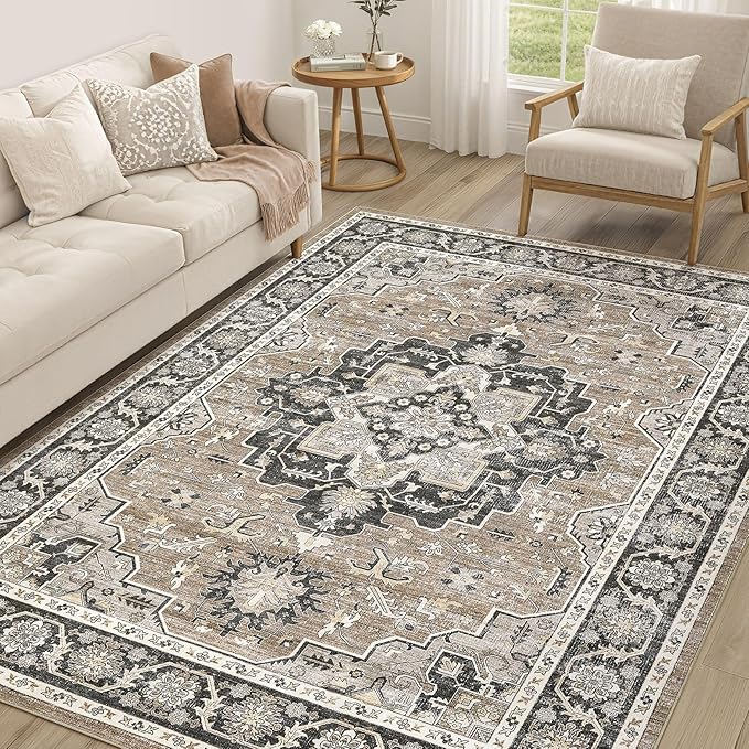 Vintage Living Room Area Rug 6x9 - Large Soft Washable Oriental Traditional Distressed Farmhouse Rugs for Bedroom - Indoor Floor Accent Carpet for Home Office House Decor - Black Brown
