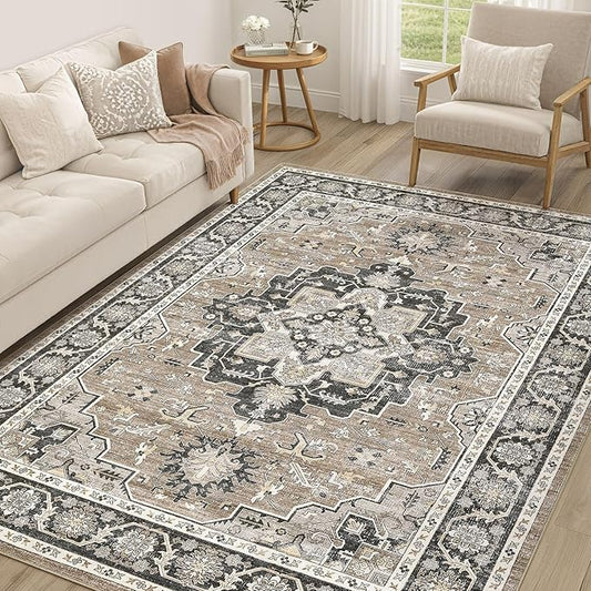 Vintage Living Room Area Rug 6x9 - Large Soft Washable Oriental Traditional Distressed Farmhouse Rugs for Bedroom - Indoor Floor Accent Carpet for Home Office House Decor - Black Brown